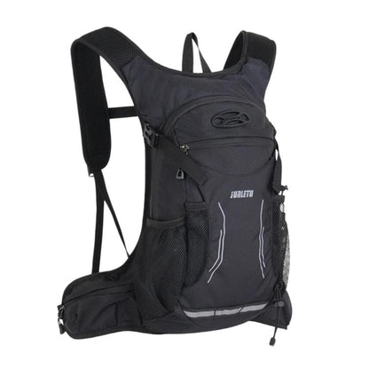 Black cycling backpack with mesh panels, front zip pocket, and shoulder straps.