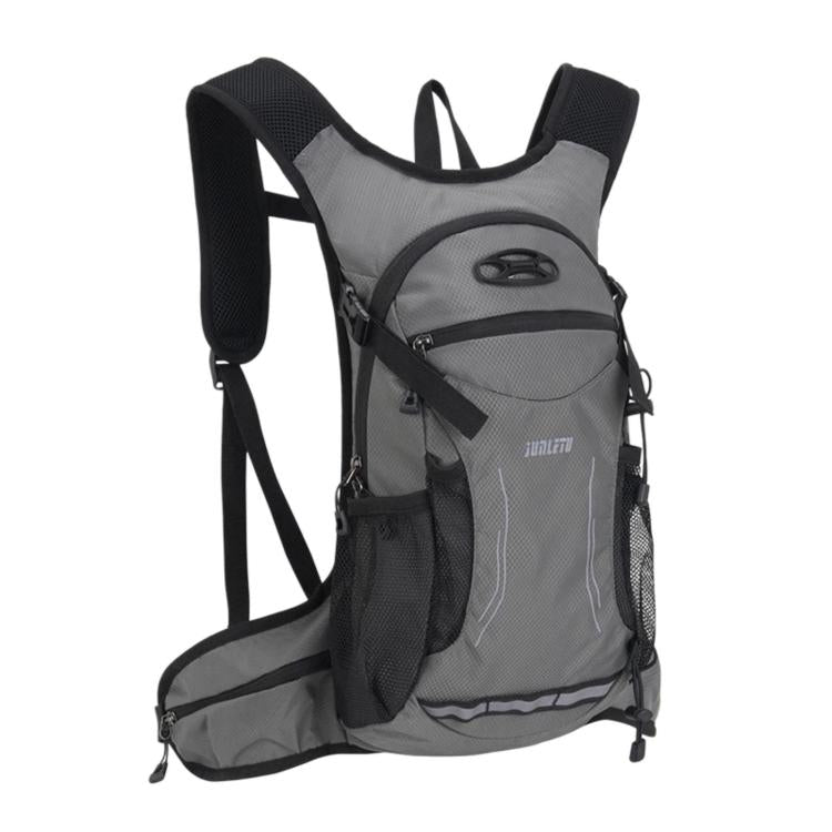 Gray cycling backpack with front zip pocket, side straps, and cushioned mesh back.