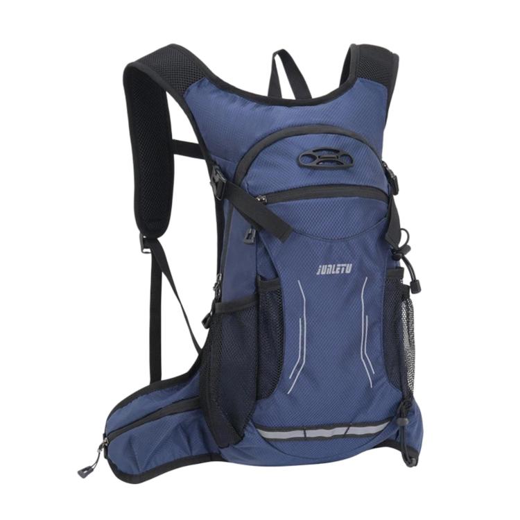 Dark blue cycling backpack with front zip pocket, side straps, and padded mesh back.