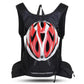 Black cycling backpack with large front opening and red-and-white bike helmet included.