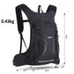 Black cycling backpack with front zip pocket, side straps, and 0.43 kg weight marking.