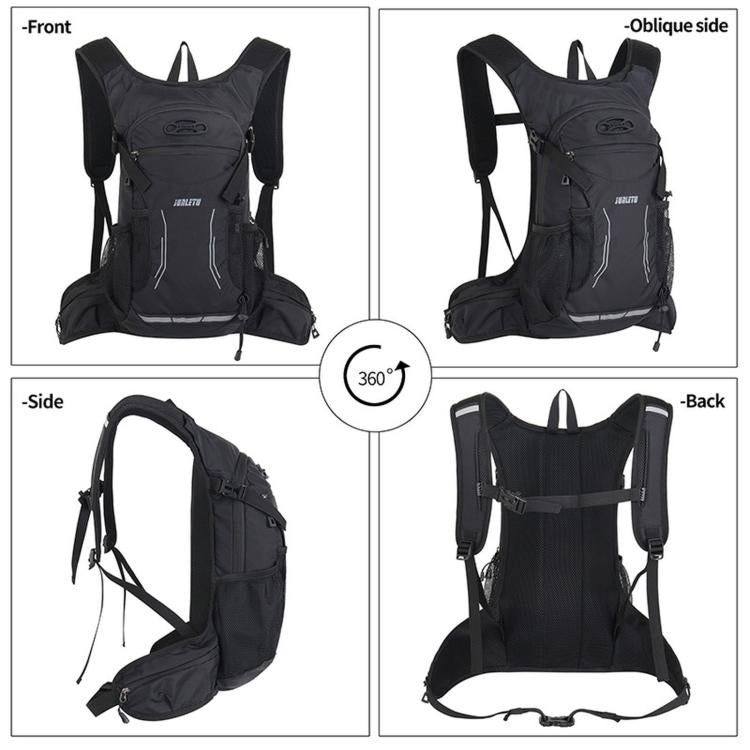 Cycling backpack angled views: front, side, and back with adjustable shoulder straps.
