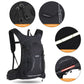 Black cycling backpack with pull-tab zipper, reflective stripe, and fixed rope detail.