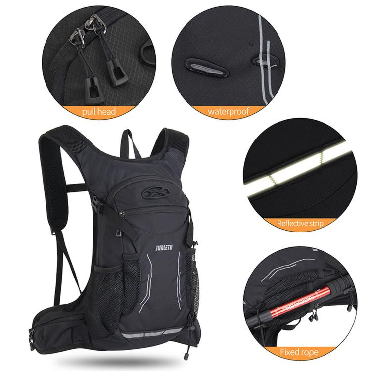 Black cycling backpack with pull-tab zipper, reflective stripe, and fixed rope detail.