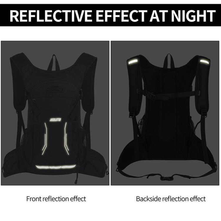 Black cycling backpack showing bright reflective effect on front and back stripes.
