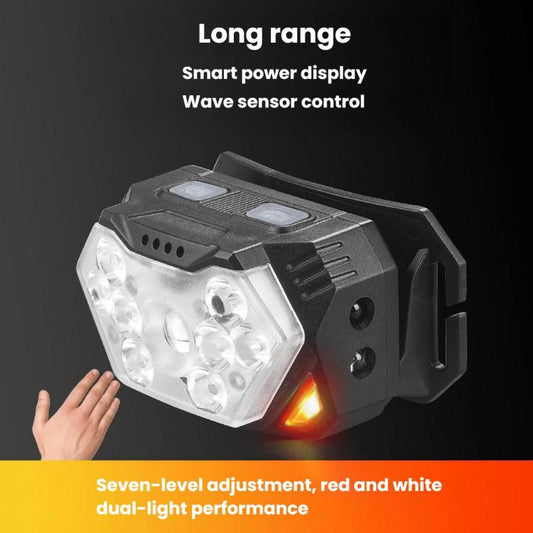 GY26 9LED Smart Motion-Sensor Headlamp, Outdoor COB Red Warning Waterproof Night Fishing Light, Rechargeable, Battery