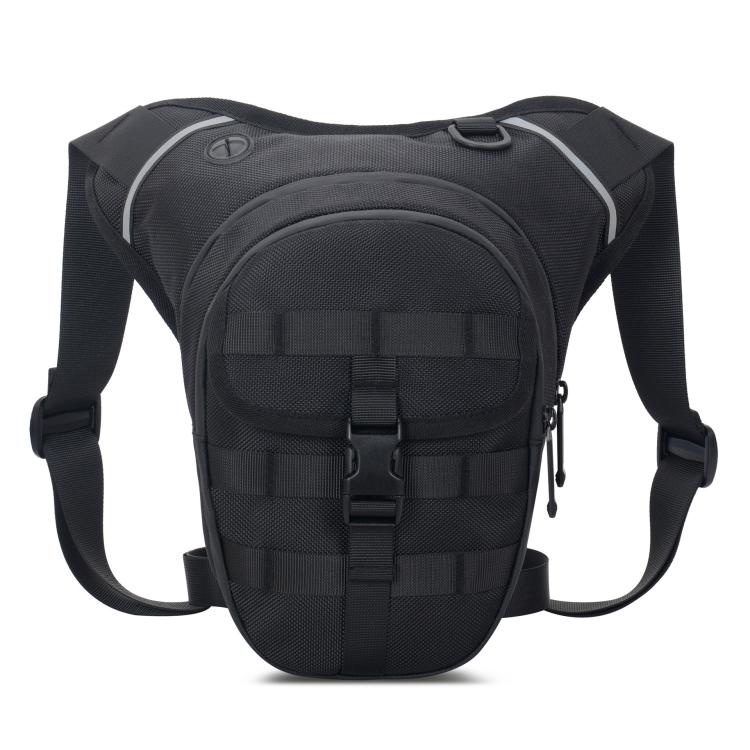 Black waterproof leg strap waist bag with MOLLE-style front panel and zip pocket