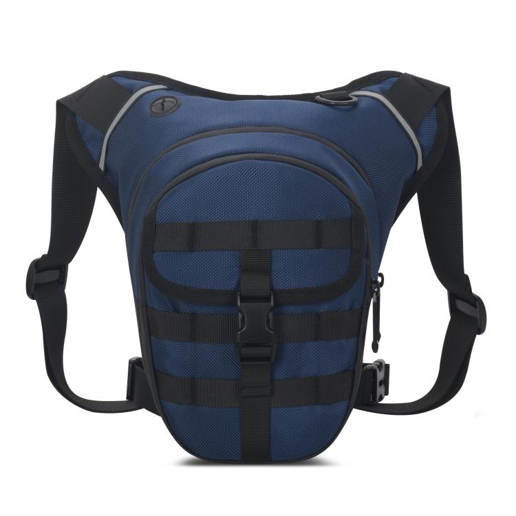 Dark blue waterproof leg strap waist bag with MOLLE-style front panel and zip pocket