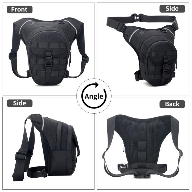 Black waterproof leg strap waist bag shown from front, side, back, and angled views
