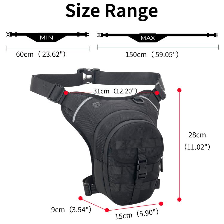 Black waterproof leg strap waist bag size guide with strap and main bag dimensions