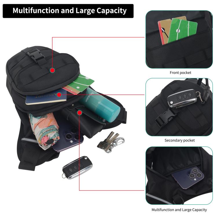 Black waterproof leg strap waist bag with compartments and open interior capacity