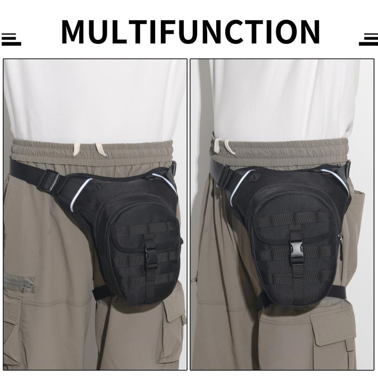 Black waterproof leg strap waist bag worn on the thigh over outdoor pants