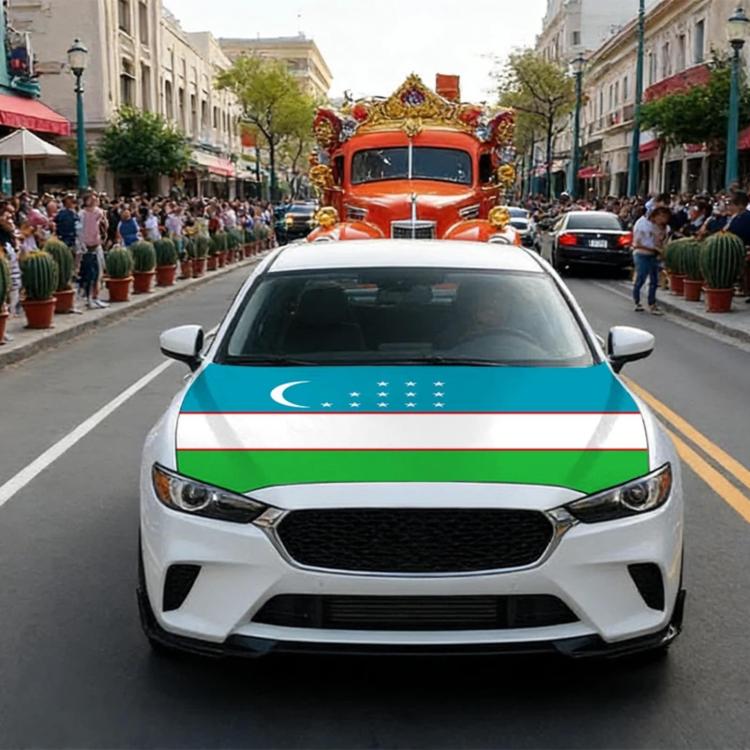 Car front with Uzbekistan flag design on hood and windshield