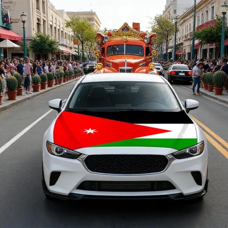 Jordan flag dustproof car cover on sedan, red-and-white with star on hood