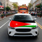 Jordan flag car cover on sedan front, red-and-white with central star over grille
