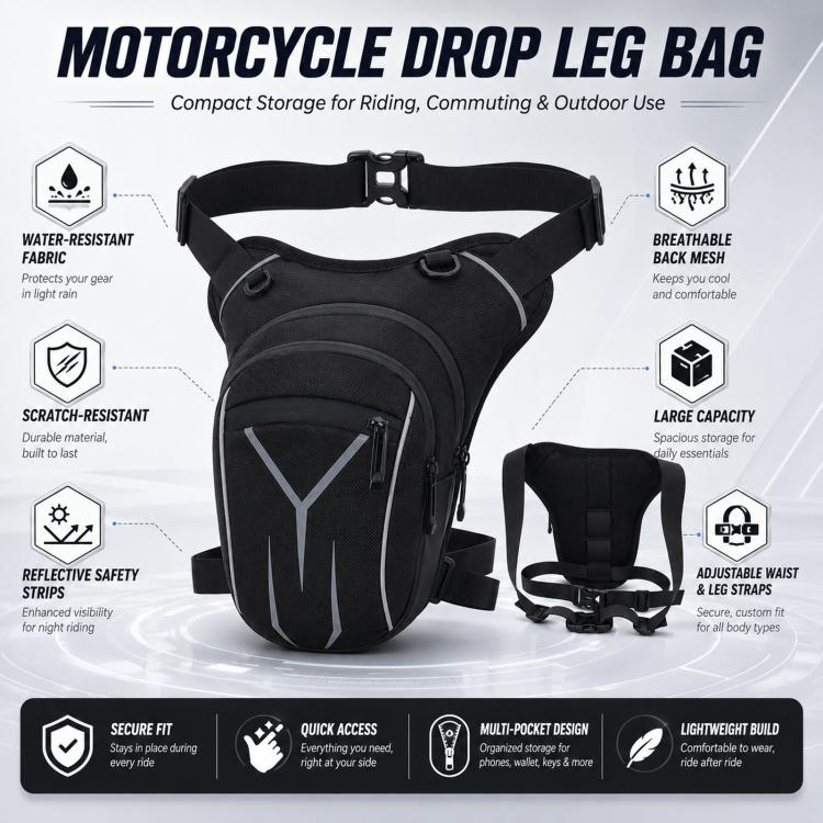 Men's waterproof motorcycle leg bag, black front with dual straps and side buckles.