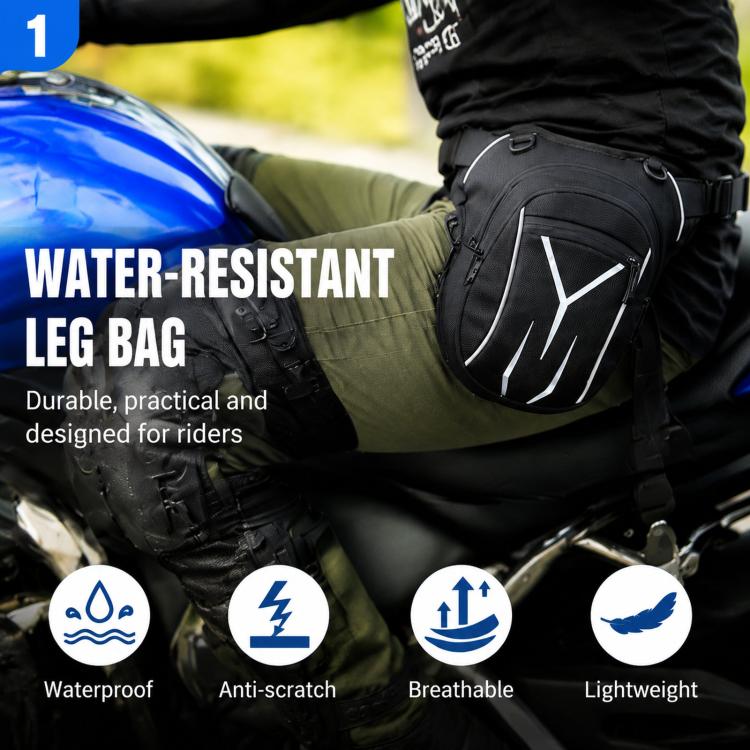 Men's waterproof leg bag, black with reflective panel and front zip pocket