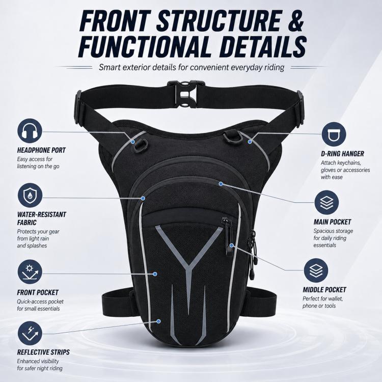 Men's waterproof motorcycle leg bag, black front zip pocket with reflective stripe and straps.