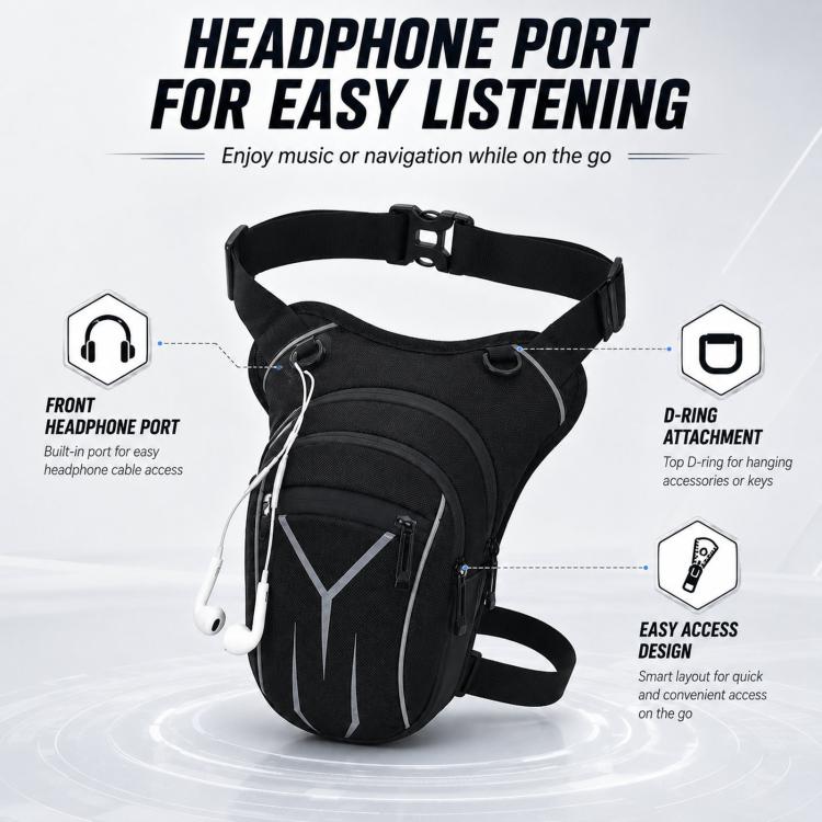 Men's waterproof crossbody waist bag, black with headphone port and front zip pocket.