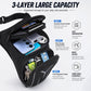 Men's waterproof waist bag open, showing layered compartments for phone and small items.