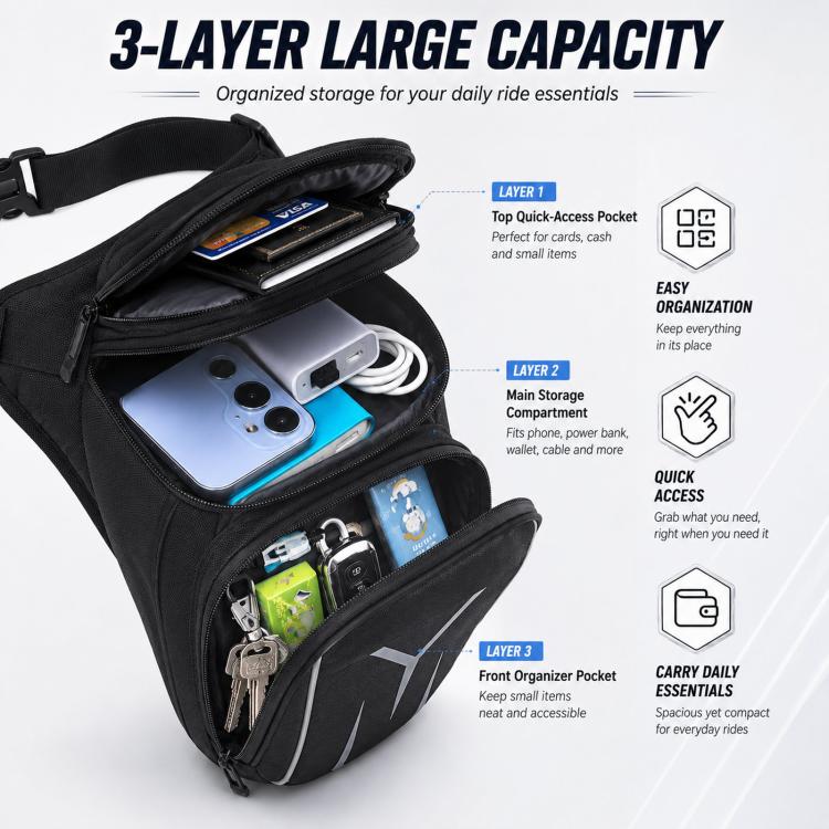 Men's waterproof waist bag open, showing layered compartments for phone and small items.