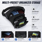 Men's waterproof waist bag open, multi-compartment organizer with phone, keys, and cards.