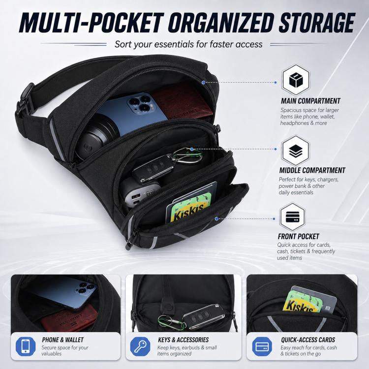 Men's waterproof waist bag open, multi-compartment organizer with phone, keys, and cards.