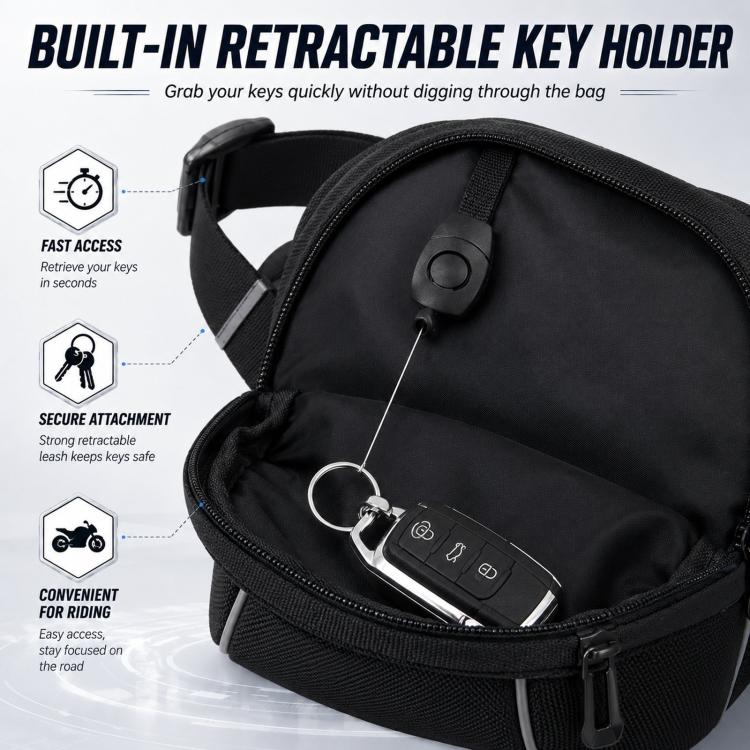 Men's waterproof waist bag inner pocket with retractable key holder and zipper closure.