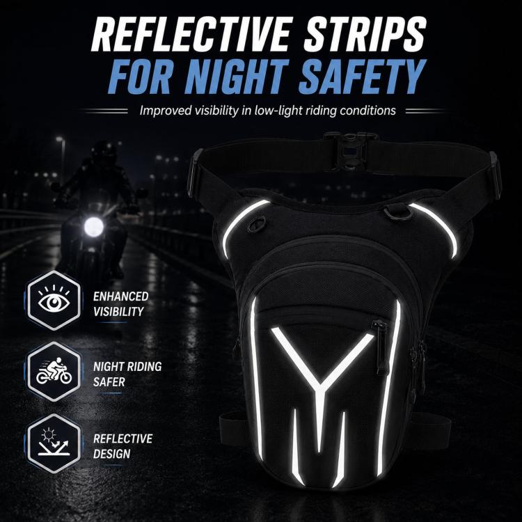 Men's waterproof leg bag, black with reflective front graphic and adjustable strap