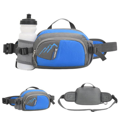 Blue waterproof waist pack with front bottle holder and zippered main compartment