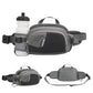Dark gray waterproof waist pack with front bottle holder and zippered main compartment