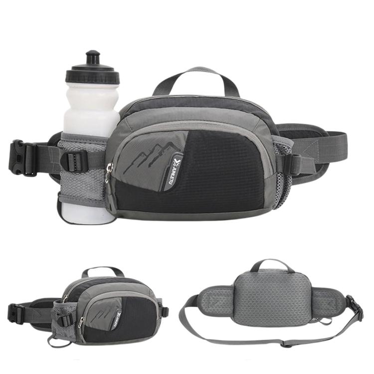 Dark gray waterproof waist pack with front bottle holder and zippered main compartment