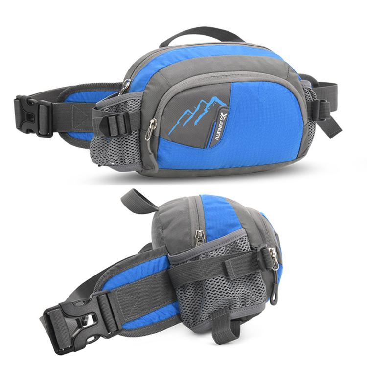 Blue waterproof waist pack with mesh side panel and front bottle holder