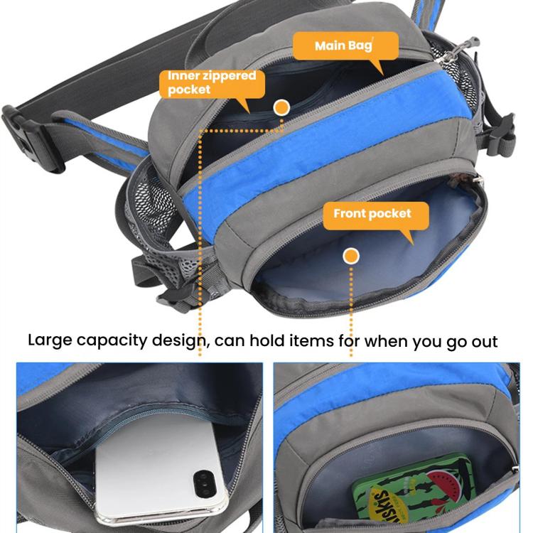 Blue waterproof waist pack with front pocket and interior zippered pocket