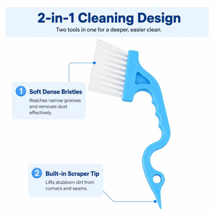2-in-1 groove brush with white bristles and built-in scraper, blue handle