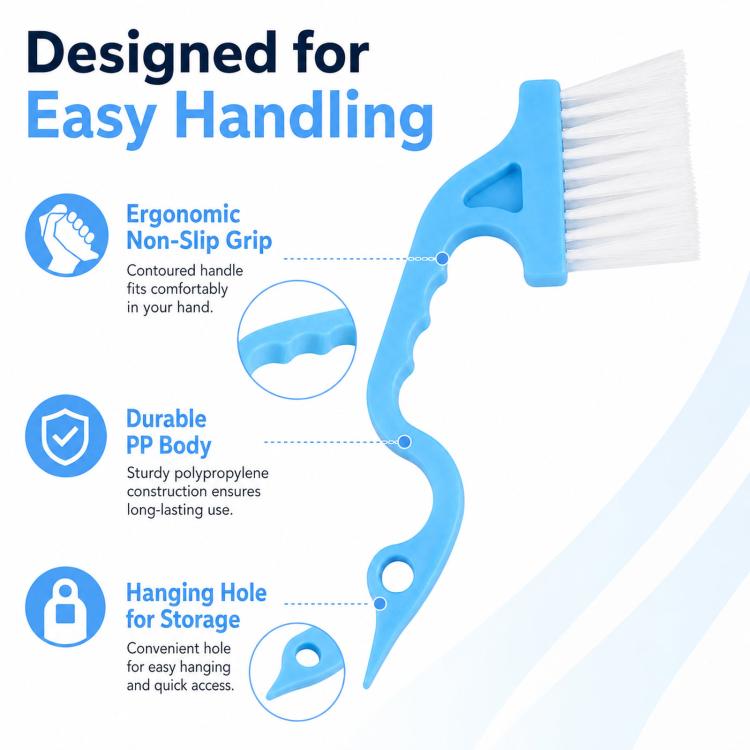 Ergonomic blue cleaning brush with white bristles, non-slip grip and hanging hole