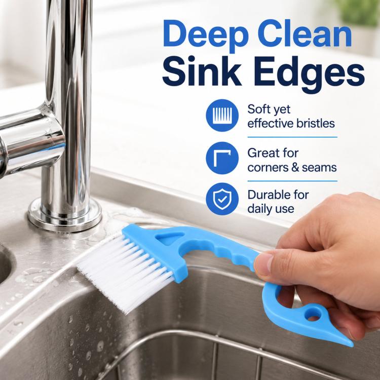Sink edge cleaning brush with blue grip and white bristle head for tight corners