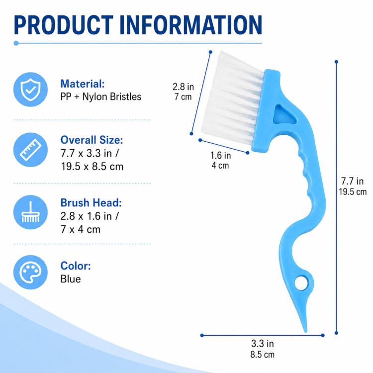 Blue handheld cleaning brush with white bristles, PP body and nylon bristles