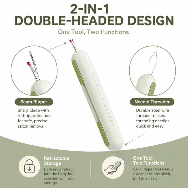 2-in-1 Seam Ripper and Needle Threader, Retractable Stitch Remover Tool for Hand Sewing, Double-Headed Threader & Seam Cutter