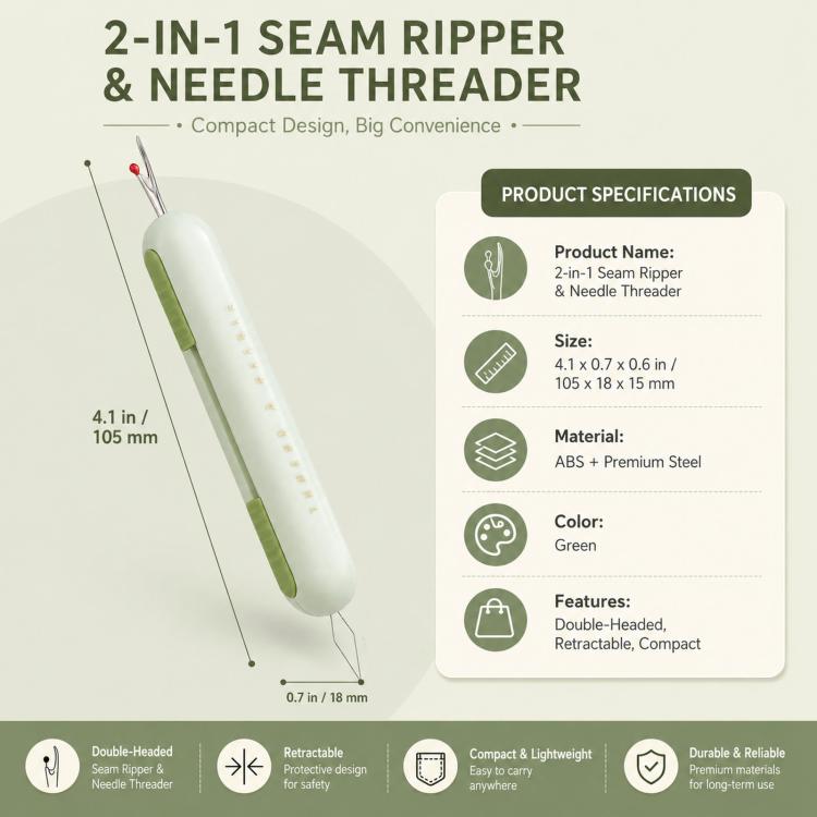 2-in-1 Seam Ripper and Needle Threader, Retractable Stitch Remover Tool for Hand Sewing, Double-Headed Threader & Seam Cutter