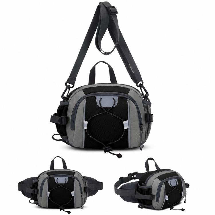 Black and gray waterproof waist pack with adjustable strap and zip front pouch