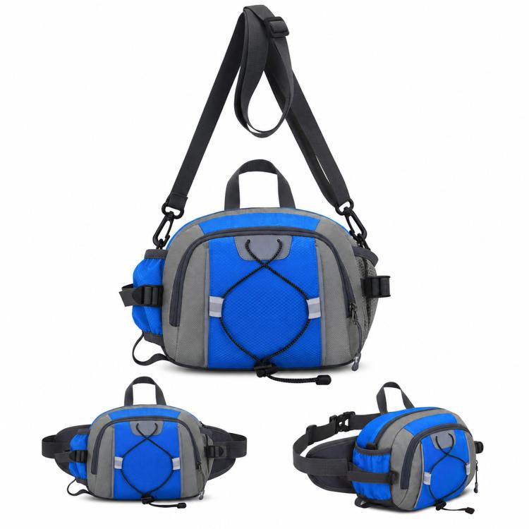 Bright blue and gray waterproof waist pack with adjustable strap and zip front pouch