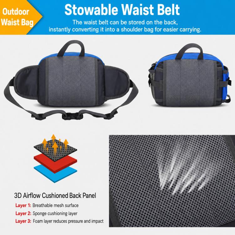 Sports waist bag with cushioned breathable back panel and adjustable buckle strap