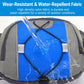 Blue and gray waist pack with waterproof fabric and zip front pocket, water-splash detail