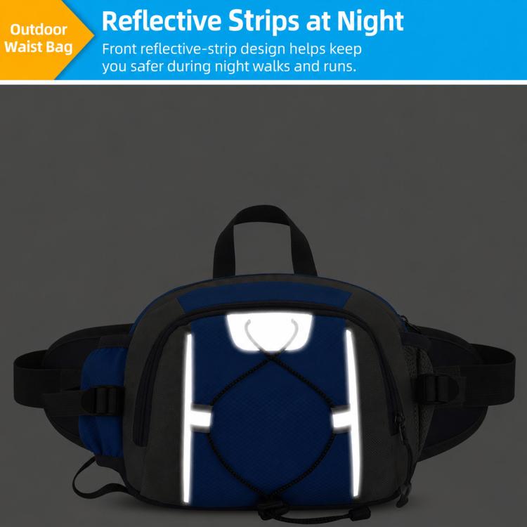 Blue waist pack with reflective strips for safer night walks and runs