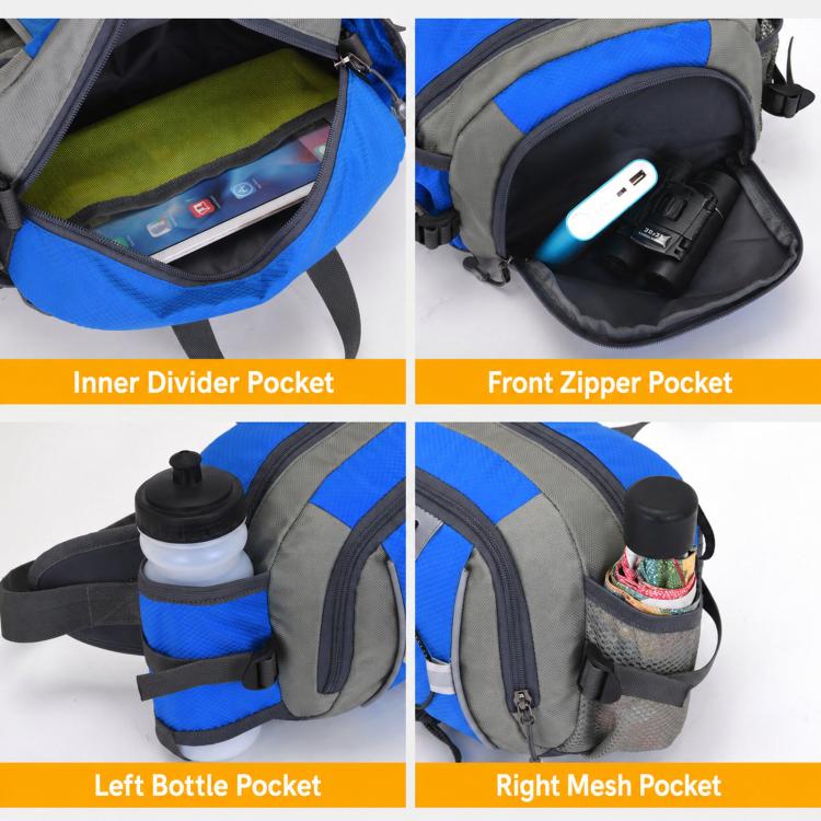 Blue and gray waist pack with multiple compartments and mesh side pockets for bottles