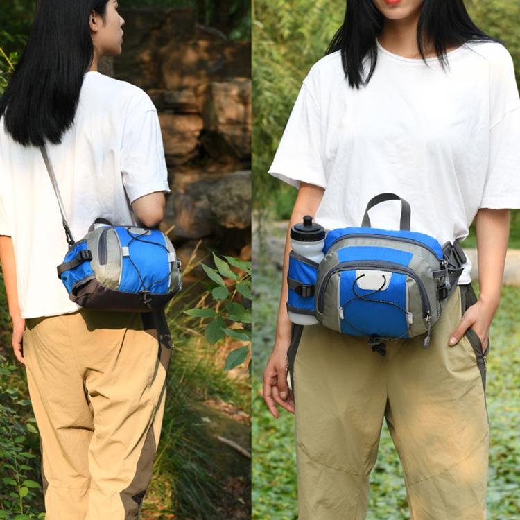 Blue and gray outdoor waist pack worn crossbody with adjustable strap