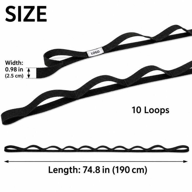 Black 74.8-inch stretching strap with 10 loops and stitched webbing
