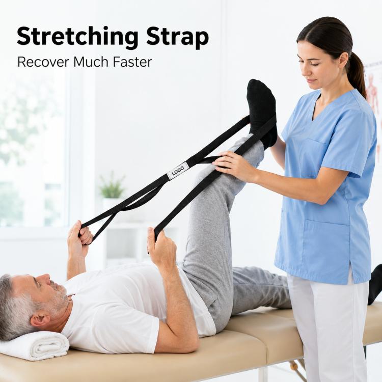 Black stretching strap used for assisted leg stretching, loop ends visible