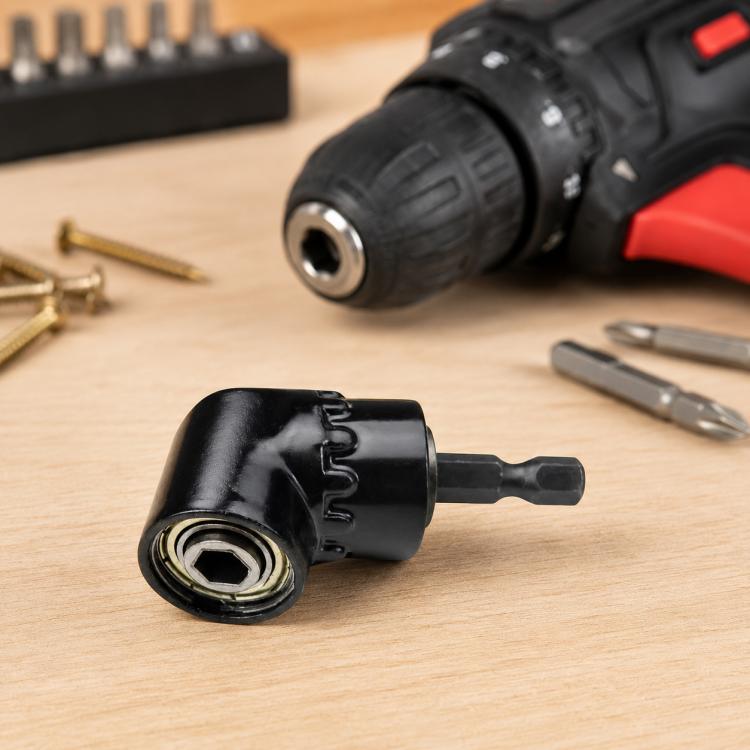 Black 105° right-angle drill bit adapter with 1/4 in hex magnetic socket
